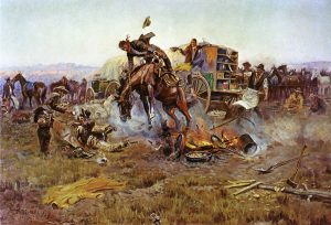 painting by Charles Russell of a bucking bronco breaking up an early morning cowboy breakfast on the trail